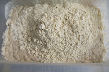 Fototapeta na wymiar Kneading dough, sprinkling piece of dough with gray wheat flour. 