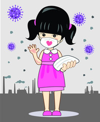  Illustration, vector, a gril wearing a mask and hand washing gel, in a poisonous city