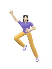 Fototapeta na wymiar 3D rendering character of an Asian girl jumping and dancing holding his hands up. Happy cartoon people, student, businessman. Positive illustration is isolated on a white background.