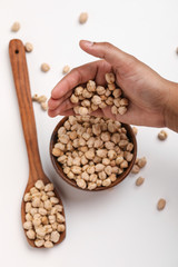 Uncooked dried chickpeas in hand