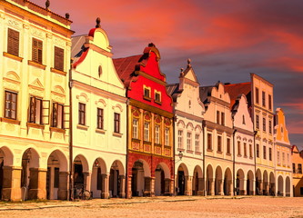 Obraz premium Picturesque street in small town Telc on a sunset. Czech Republic.