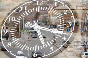 dial close-up against the urban landscape, abstract
