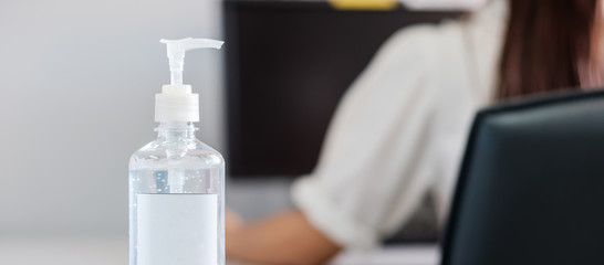 hand alcohol gel or sanitizer bottle dispenser, against Novel coronavirus or Corona Virus Disease (Covid-19) at office or home . Antiseptic, Hygiene and Health concept