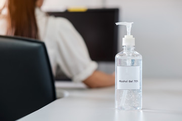 hand alcohol gel or sanitizer bottle dispenser, against Novel coronavirus or Corona Virus Disease (Covid-19) at office or home . Antiseptic, Hygiene and Health concept