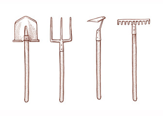 Engraving vintage tools/rake, hoe, shovel, pitchfork