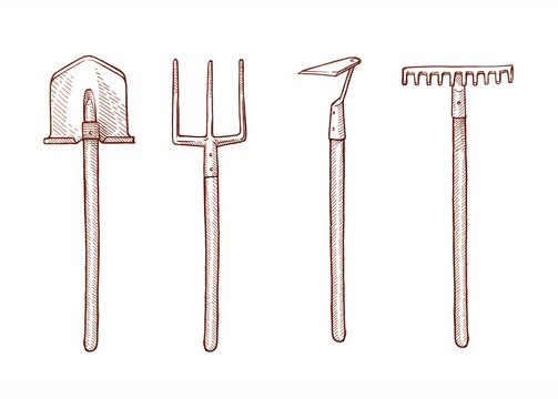 Engraving vintage tools/rake, hoe, shovel, pitchfork