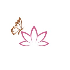 The blossoming lotus symbol with flying butterfly icon isolated on white background