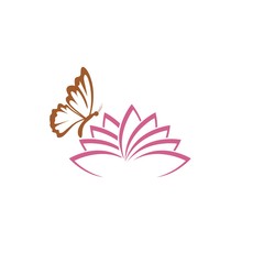 Obraz premium The blossoming lotus symbol with flying butterfly icon isolated on white background