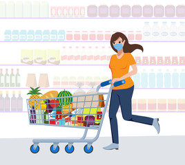 Corona virus character vector concept design. Woman character shopping foods, goods, panic buying and hoarding products for the quarantine. Vector illustration. © AmazeinDesign