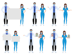 Medical characters set vector concept design. Covid-19 doctor and nurse front liners character presenting sign in white board about corona virus outbreak isolated in white background. Vector 