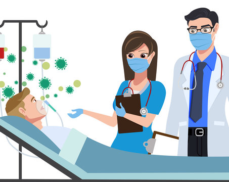 Medical character vector concept design. Doctor and nurse characters monitoring, giving treatment and medicine to corona virus infected patient in the hospital. Vector illustration.