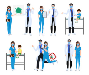 Medical front liners set character vector concept design. Covid-19 doctor and nurse characters with corona virus patients presenting test result and fighting corona virus isolated in white background.