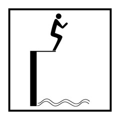 Sports. Ski jumping in water. Safety dive. Sign safeness on beach, in river, sea, etc. Warning of protection during jump in. Colorful template for poster. Design flat element. Vector illustration.