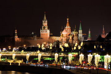 night, Moscow Kremlin, Spasskaya tower and St. Basil's Cathedral in full illumination