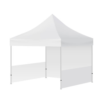 Display tent mockup with two walls isolated on white background - half side view. Vector illustration