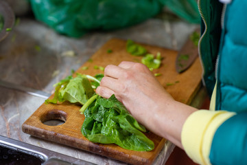 A woman is cutting spinach on a kitchen board.Woman hand cutting spinach using a sharped big kitchen knife on a wooden cutting table surface with more raw fresh leaves ready to be cut. Kitchen actions