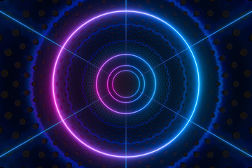 Neon and tunnels, mechanical concepts, 3d rendering.