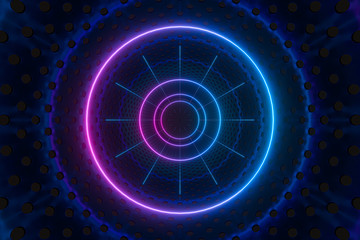 Neon and tunnels, mechanical concepts, 3d rendering.