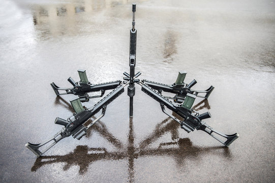 Pyramid of guns built by soldiers, Lithuania, Rukla.