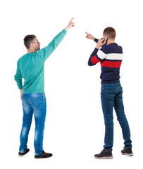 Back view of two man in sweater with mobile phone.