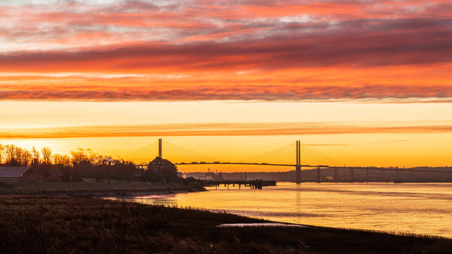 The Queen Elizabeth II bridge at sunrise, early morning, near Purfleet, Essex, England