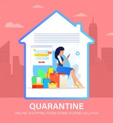 Self isolation concept. Young girl doing online shopping from home during Covid-19. All stay at home. Self-isolate from a pandemic. Online purchases from home during Quarantine. Vector illustration