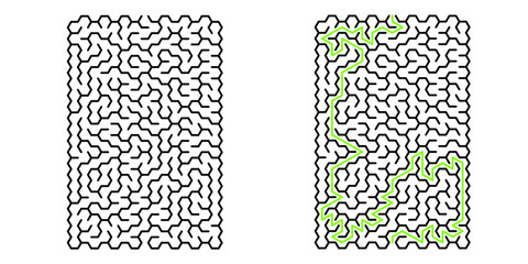 Rectangle 15x20 vector maze with hexagonal cells and solution