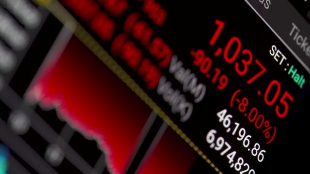 Close up shot of led screen showing collapse of stock market from the global Coronavirus virus crisis. Signal of the stock market crash by the Coronavirus