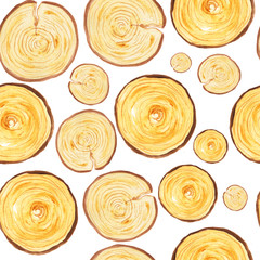 Seamless watercolor pattern with tree rings on white background. Rustic natural  pattern. pine slice pattern. 
