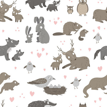 Vector seamless pattern with baby animals and their parents. Funny woodland animal background showing family love. Cute forest animalistic texture for Mother’s Day design.