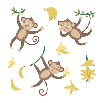 Vector set with cute monkeys with bananas isolated on white background. Funny tropical animals and fruit illustration. Bright flat picture for children. Jungle summer clip art.