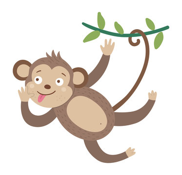Vector cute monkey hanging on liana with stuck out tongue isolated on white background. Funny tropical animal and fruit illustration. Bright flat picture for children. Jungle summer clip art.