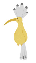 Vector cute funny hoopoe isolated on white background. Funny tropical exotic bird illustration. Bright flat picture for children. Jungle summer clip art.