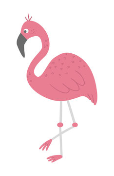 Vector cute funny pink flamingo isolated on white background. Funny tropical exotic bird illustration. Bright flat picture for children. Jungle summer clip art.