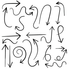 Infographic elements on isolated white background. Hand drawn wavy arrows. Set of different pointers. Abstract indicators. Black and white illustration. EPS 10