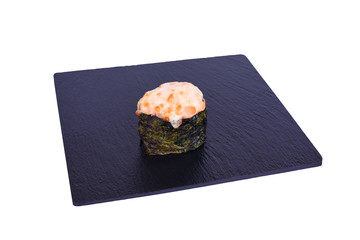 Traditional fresh japanese sushi on black stone Gunkan Kaji Shake on a white background. Gunkan ingredients: salmon, cheese mix, nori, rice.