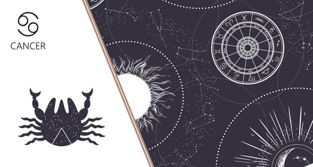 Zodiac background. Constellation Cancer. Horizontal banner. Vector illustration