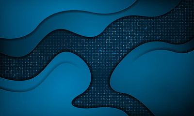 Dark abstract background with blue paper cut layer. Modern technology background with sparkle lights and blue square glitters dots element. 3d futuristic concept.
