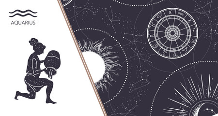 Zodiac background. Constellation Aquarius. Horizontal banner. Vector illustration © Tutsi_N