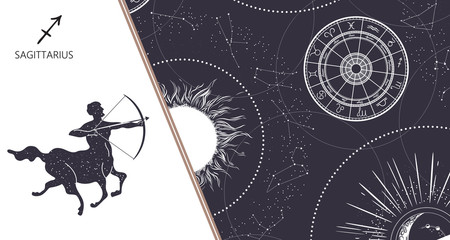 Zodiac background. Constellation Sagittarius. Horizontal banner. Vector illustration