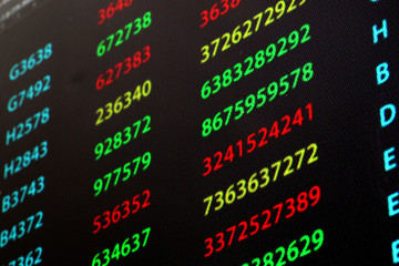 red, yellow, and green business and stock figures and data on a computer monitor screen