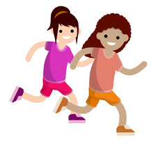 Woman running race. Sports and entertainment. Summer clothes-shorts and t-shirt. Young girl competes with friend. Cartoon flat illustration