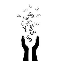 Hands with flying up currencies . Vector decoration from scattered elements. Monochrome isolated silhouette. Conceptual illustration.