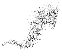 Curve line from flying currencies. Vector decoration from scattered elements. Monochrome isolated silhouette. Conceptual illustration.