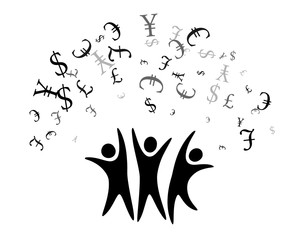 People with flying up currencies. Vector decoration from scattered elements. Monochrome isolated silhouette. Conceptual illustration.