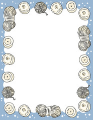 Candles and yarn threads in comic style doodles postcard template. Letter format banner with place for your text. Cozy boho poster ornament