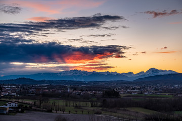 Fototapeta premium Winter colorful sunset in the countryside of Friuli-Venezia Giulia, Italy