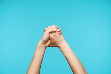 Studio shot of two well-conditioned pretty lady's hands folded together in knot, shaking hands while posing over blue background. Hands and body language concept