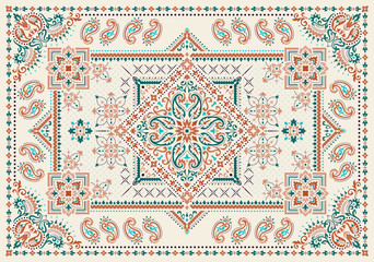 Rectangular Bandana Print vector design for rug, carpet, tapis, shawl, towel, textile, yoga mat. Neck scarf or kerchief pattern design. Traditional ornamental ethnic pattern with paisley and flowers.