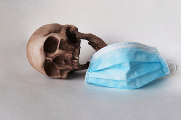  human skull in medical mask. sterile face mask. Coronavirus epidemic. outbreak of a dangerous virus